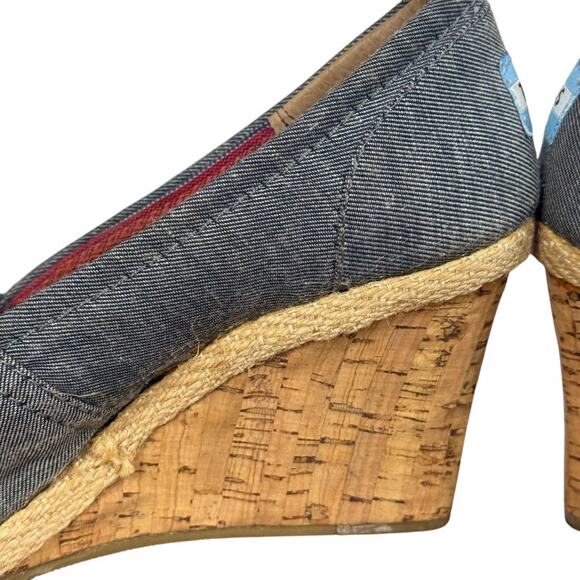Toms Cork Espadrille Wedge Blue Denim Peep Toe Slip On Shoes Womens sz 7.5 - Picture 4 of 16